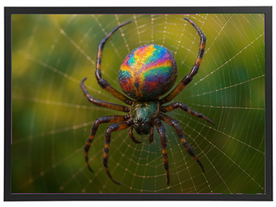 Et nærbillede af en farverig edderkop, der hænger i sit spind med en sløret baggrund.