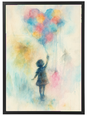 Et akvarelmaleri af et barn, der holder en buket farverige balloner.