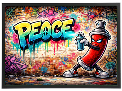 Et livligt graffiti-værk med en spraydåse, der maler ordet PEACE på en mur.