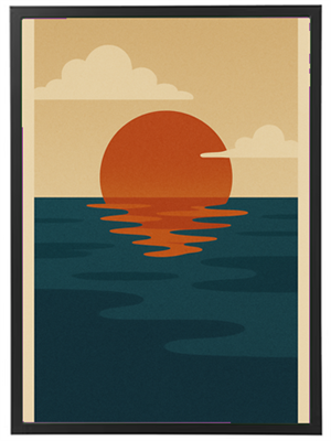 En minimalistisk illustration af en solnedgang, hvor solen spejler sig i havet.