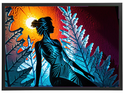 Billedet viser en silhuet af en kvinde omgivet af farverige planter og sollys.