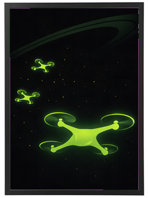 Illustration af grønne droner, der svæver i et stjernet univers.