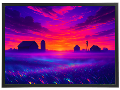 Et dramatisk landskab med farverige himmelstræk og silhuetter af bygninger i det fjerne.