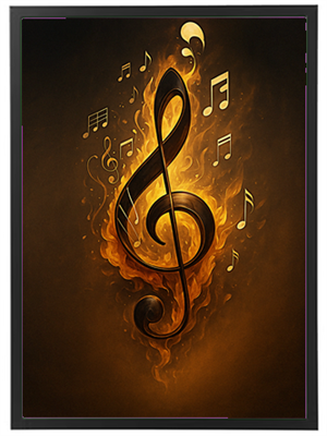 En kreativ illustration af en musiknøgle omgivet af flammer og musiknoter.