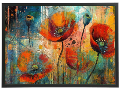 Et livligt maleri med røde valmuer og en farverig, abstrakt baggrund.