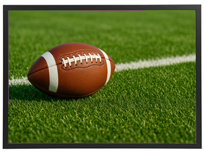 Et nærbillede af en amerikansk fodbold, der ligger på en grøn græsbane.