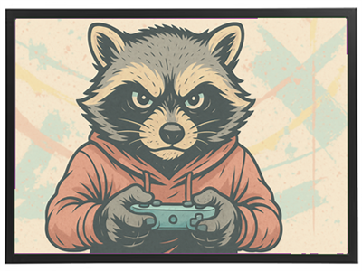 En tegneserieagtig vaskebjørn iført en hættetrøje, der spiller videospil.