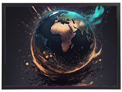 En farverig og abstrakt illustration af jorden med fokus på Afrika, omgivet af splattereffekter.
