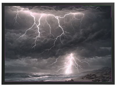 En dramatisk himmel fyldt med lyn over havet, omgivet af mørke skyer.