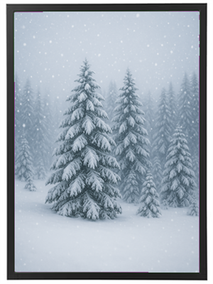 Et roligt vinterlandskab med grantræer dækket af sne, mens snefnug falder blidt.