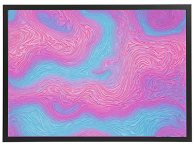 Et maleri med bølgende mønstre i nuancer af pink og blå, der skaber en dynamisk visuel effekt.