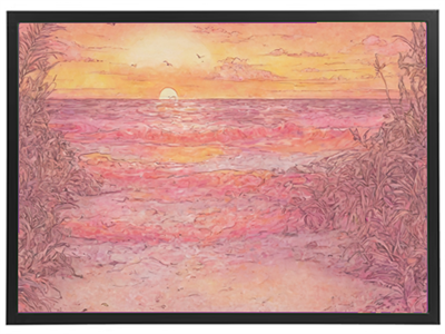 Et maleri af en smuk solnedgang over havet, med bløde farver og bølger, der skaber en fredfyldt stemning.