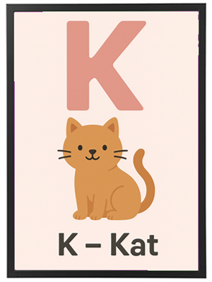 Illustration af bogstavet K med en sød kat og teksten K - Kat.
