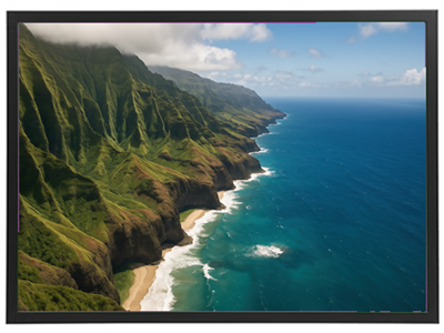 En spektakulær udsigt over klipper og hav langs en kystlinje med frodig vegetation.