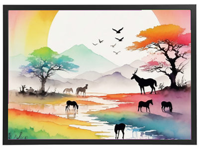 En smuk akvarel af en farverig landskabsscene med dyr, træer og bjerge.