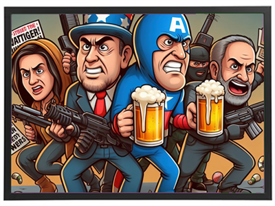 En farverig tegneserie med karakterer, der holder øl og våben, i en dramatisk scene.