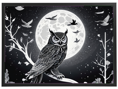 En sort-hvid illustration af en ugle på en gren med en stor måne i baggrunden.
