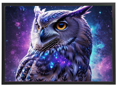 En farverig og fantasifuld illustration af en ugle med galaksen i baggrunden.