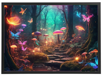 En farverig og drømmeagtig skovscene med lysende svampe, sommerfugle og en mystisk atmosfære.