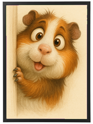 Et sødt, animeret marsvin kigger nysgerrigt rundt om et hjørne med store, udtryksfulde øjne.