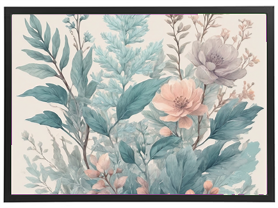 En smuk illustration af blomster og planter i pastelnuancer, der skaber en rolig atmosfære.