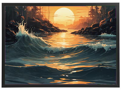 En smuk solnedgang over havet med bølger, klipper og træer i baggrunden.