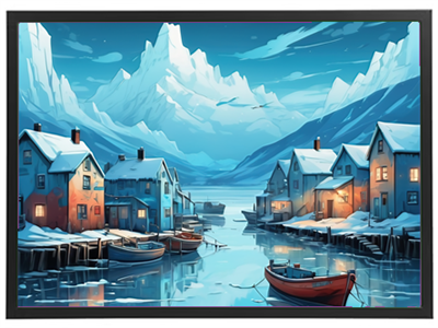Et malerisk vinterlandskab med farverige huse, både og sneklædte bjerge.