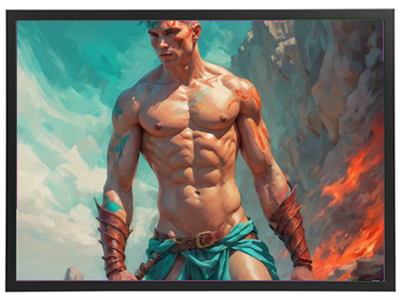 En muskuløs mand står stolt i en dramatisk scene med flammer og klipper i baggrunden.