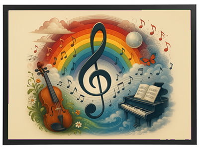 Et farverigt billede med en regnbue, musiknoder, en violin og et klaver.
