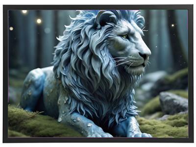 En surrealistisk blå løve hviler i en frodig skov med glimt af lys omkring sig.