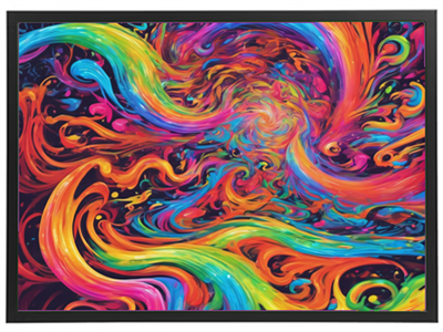 Et livligt og farverigt abstrakt maleri med spiraler og bølgende mønstre.