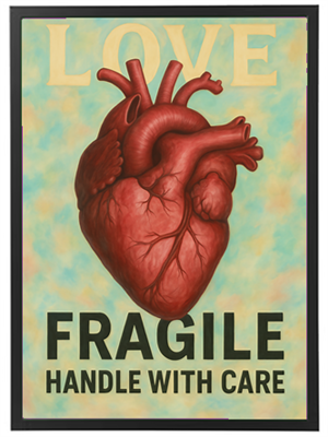 Et kunstværk der viser et anatomisk hjerte med teksten LOVE og FRAGILE HANDLE WITH CARE.