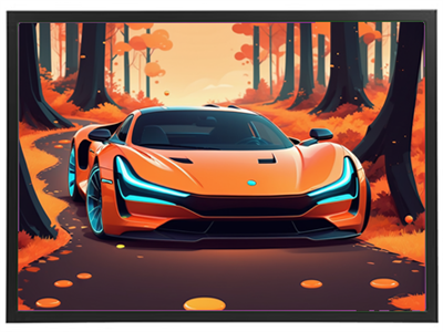 En stiliseret orange sportsvogn kører langs en skovvej i et farverigt efterårslandskab.