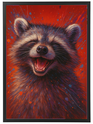 Et billede af en smilende vaskebjørn med en rød og farverig baggrund.