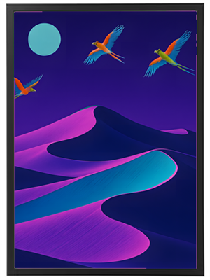 Et surrealistisk landskab med farverige papegøjer, bølger og en måne.