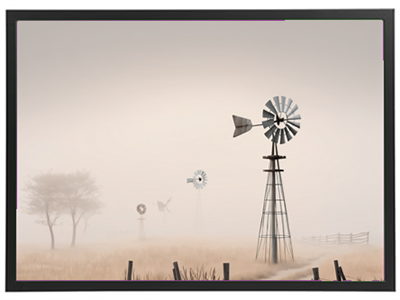 Et stille landskab med vindmøller i tåge, der skaber en drømmende atmosfære.