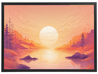 Et stiliseret landskab med en stor sol, der reflekteres i vandet, omkranset af bjerge og træer.