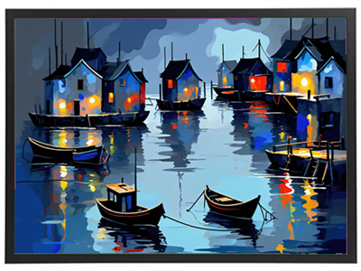 Et maleri af en livlig havn med farverige huse og både, der spejler sig i vandet.