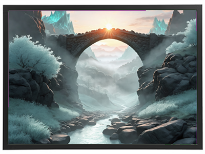 En betagende scene med en bro, der strækker sig over en tåget dal, oplyst af solopgangen.