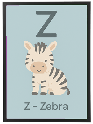 En sød illustration af en zebra med bogstavet Z, designet til at hjælpe med alfabetindlæring.