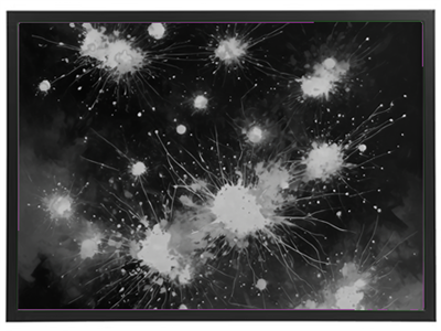 Et dynamisk billede med sorte og hvide sprøjt og stænk, der skaber en dramatisk effekt.