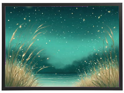 En smuk illustration af en stjerneklar nat med græsser ved vandkanten.