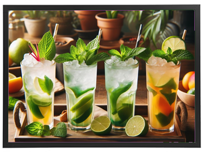 Et udvalg af farverige mojitos præsenteret i høje glas med mynte og lime, omgivet af planter.