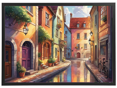 En farverig gade med maleriske bygninger, lamper og en stille kanal, der reflekterer omgivelserne.