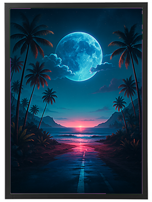 En dramatisk nattehimmel med en stor måne og palmer ved en stille strand.