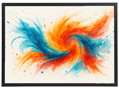 En dynamisk og farverig virvel af blå og orange nuancer, der skaber en livlig komposition.