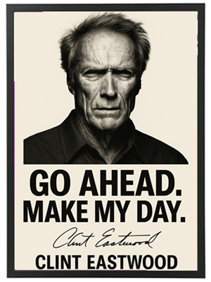 Et ikonisk billede af Clint Eastwood med citatet Go ahead. Make my day.
