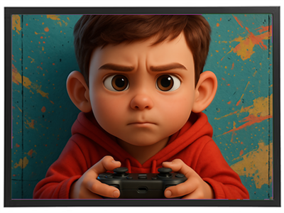 Et barn med et alvorligt ansigt, der holder en spilcontroller, mod en farverig baggrund.