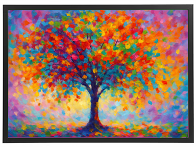 Et farverigt træ i en abstrakt stil med levende nuancer af rød, orange, grøn og blå.