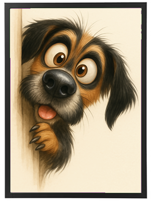 En sød og nysgerrig hund, der kigger rundt om et hjørne med store, udtryksfulde øjne.